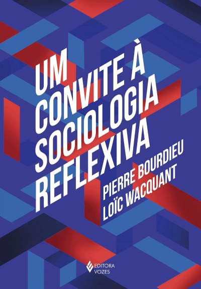 Capa de livro azul com título branco e formas geométricas vermelhas e azuis