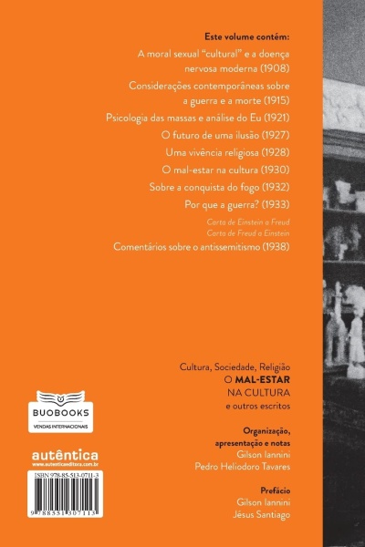 Capa traseira do livro O MAL-ESTAR NA CULTURA com fundo laranja e texto em Português.