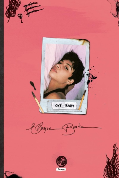 Capa de livro rosa com foto Polaroid de mulher e texto OXE BABY