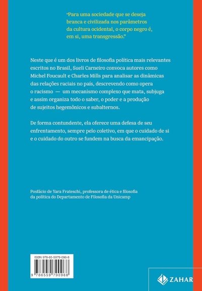 Capa traseira de livro azul com texto e bordas vermelhas, códigos ISBN e logótipo ZAHAR