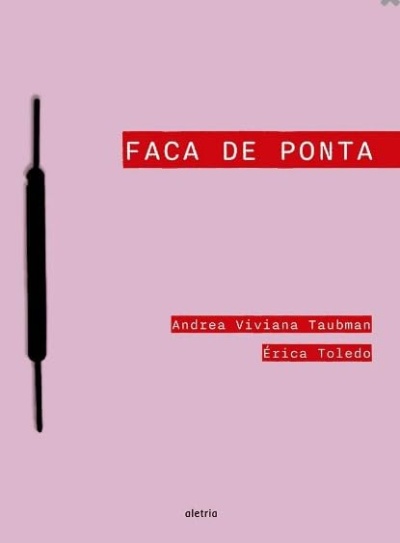 Capa de livro rosa com faca preta e texto em vermelho e branco