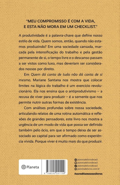 Contracapa de livro com texto em português sobre produtividade e estilo de vida, selo da editora Planeta e código de barras.