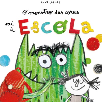 Capa de livro infantil com monstro verde, menina, mochila e texto colorido