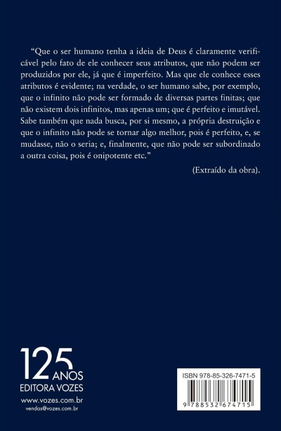 Parte traseira de livro azul com texto, código de barras e informações da editora Vozes