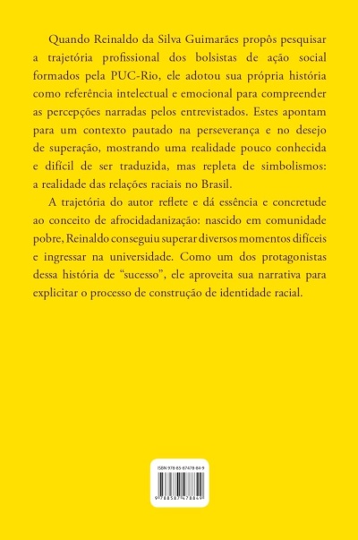 Parte de trás de livro amarelo com texto em português e código de barras