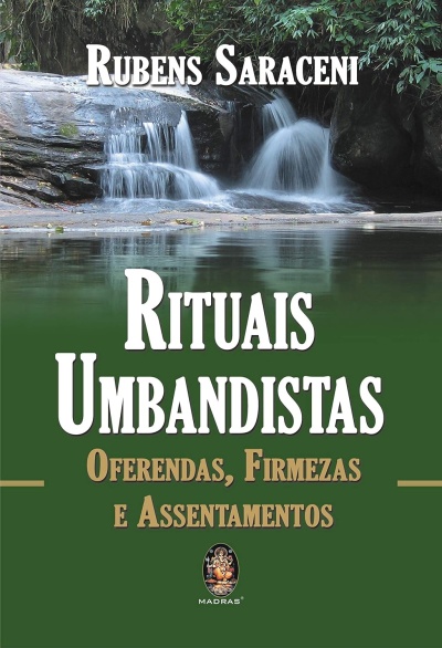 Capa de livro com cascata e texto sobre rituais umbandistas