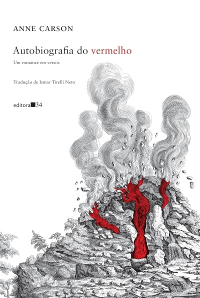 Capa de livro com título e ilustração de vulcão em erupção com lava vermelha.