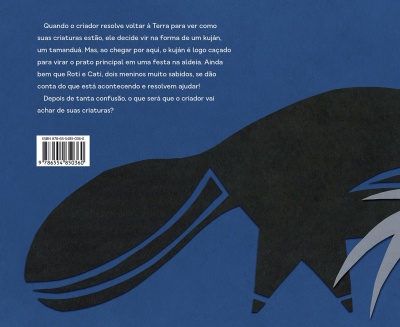 Verso de livro azul com ilustração de tamanduá e texto em português