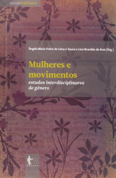 Capa de livro Mulheres e movimentos com padrão floral roxo e texto
