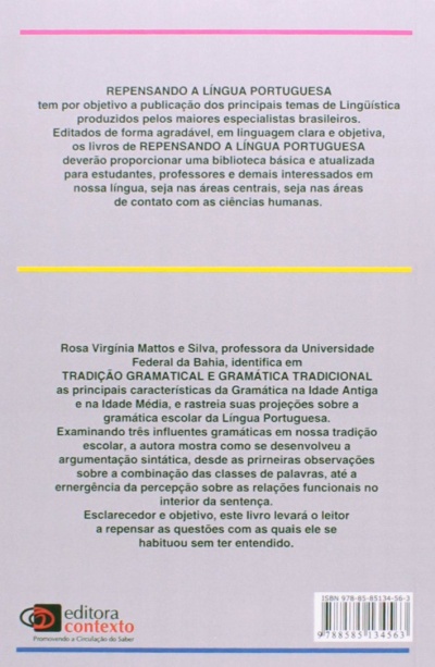 Verso do livro REPENSANDO A LÍNGUA PORTUGUESA com texto explicativo, autor, editora e código ISBN