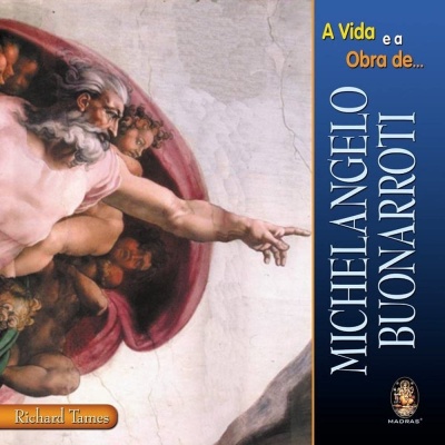Capa de livro sobre Michelangelo Buonarroti com imagem da criação de Adão e texto destacado
