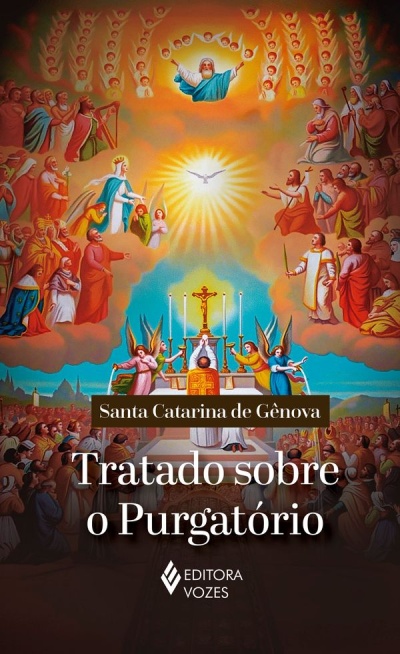 Capa de livro com ilustração religiosa e texto sobre purgatório