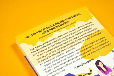 Contracapa de livro com fundo amarelo e branco com texto em português, destacando uma citação sobre o livro e a descrição da história