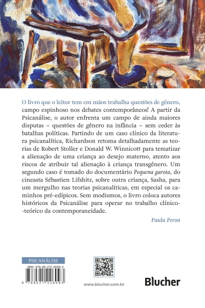 Reverso de livro com texto em português, imagem abstrata, código de barras e QR, e logo Blucher