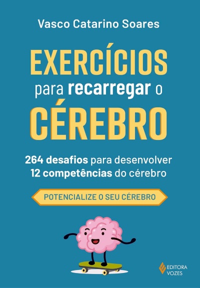 Capa de livro exercícios para recarregar o cérebro com um cérebro a andar de skate e texto em português
