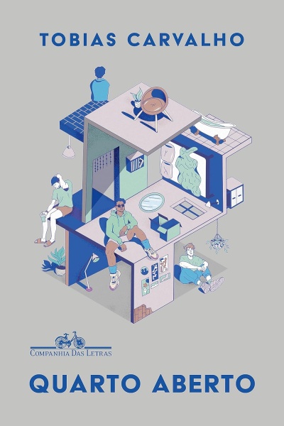 Capa de livro ilustrada com pessoas e mobiliário em construção estilizada em azul e verde
