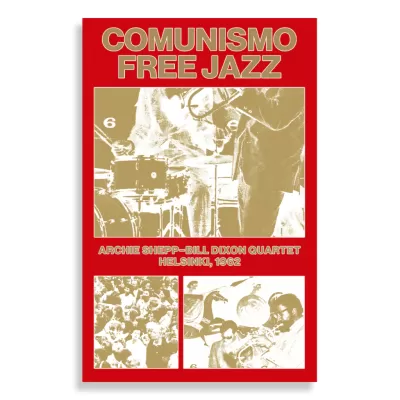 Capa de álbum Comunismo Free Jazz com texto e imagens de músicos e multidão em vermelho e dourado