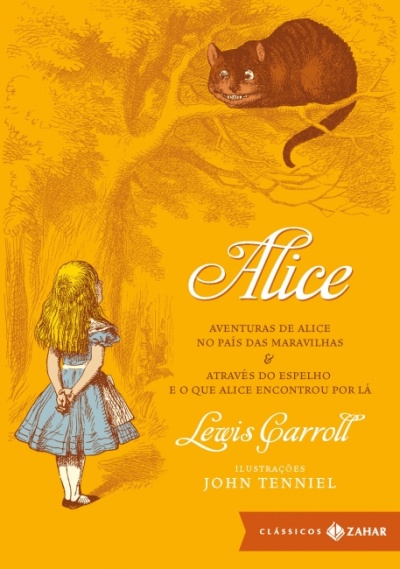 Capa do livro Alice com ilustração de Alice e Gato do Cheshire, texto com títulos e autores em amarelo e laranja