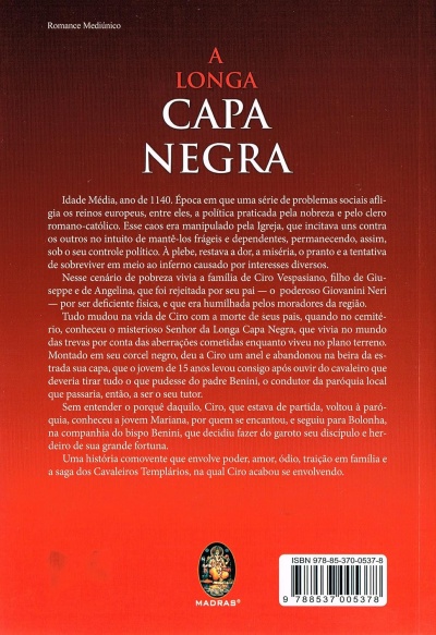 Capa traseira do livro A Longa Capa Negra, com texto descritivo em fundo vermelho.