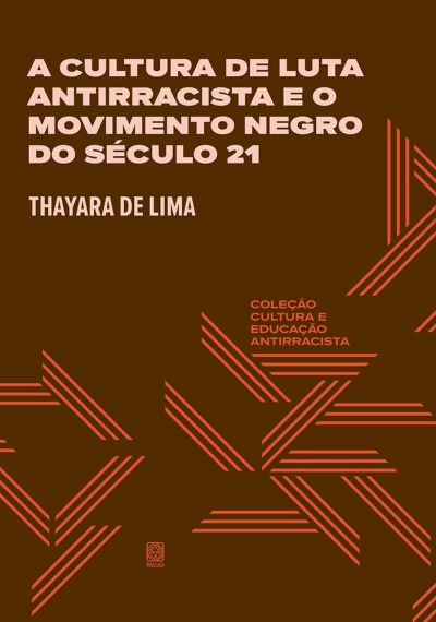 Capa de livro castanho com texto rosa e padrão geométrico vermelho