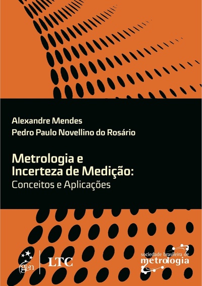 Capa de livro Metrologia e Incerteza de Medição com padrões ovais pretos em fundo laranja
