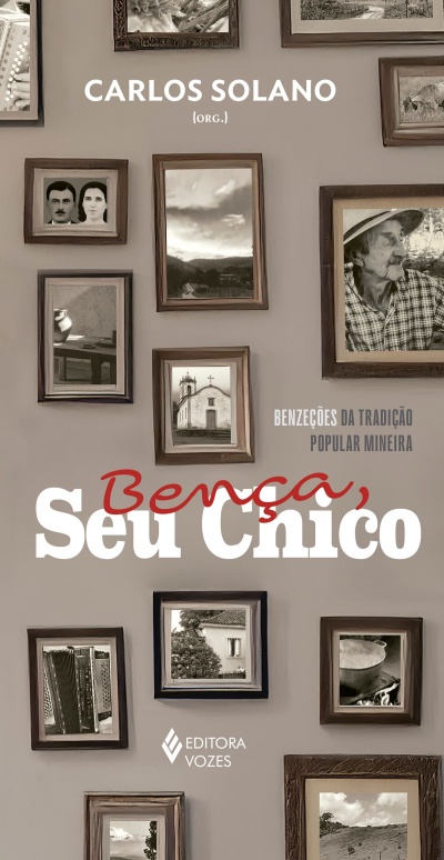 Capa de livro com fotografias antigas emolduradas em madeira e texto em branco e vermelho