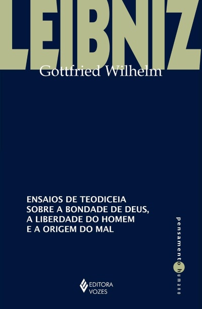 Capa de livro azul com título grande LEIBNIZ e texto em branco e bege