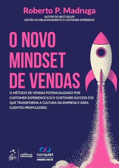 Capa de livro azul escuro com texto rosa e branca e ilustração de foguetão a levantar voo