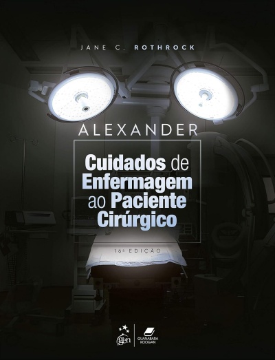 Capa de livro com luzes cirúrgicas e texto sobre cuidados de enfermagem a paciente cirúrgico