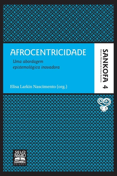 Capa do livro Afrocentricidade com padrão azul e preto e texto branco e preto.