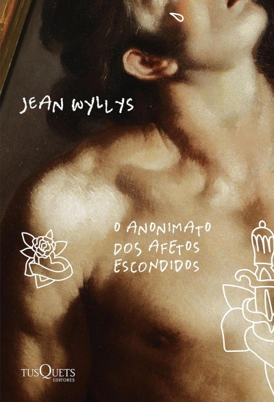 Capa de livro com torso masculino e texto manuscrito branco