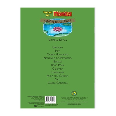 Capa traseira verde de livro com texto e ilustração de lírio rosa na lagoa, lista de lendas brasileiras.