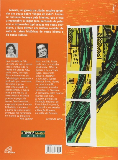 Contracapa de livro laranja com texto, fotos dos autores e ilustração abstrata colorida