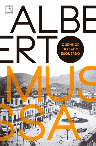 Capa de livro com fundo de cidade antiga e texto preto e laranja sobreposto