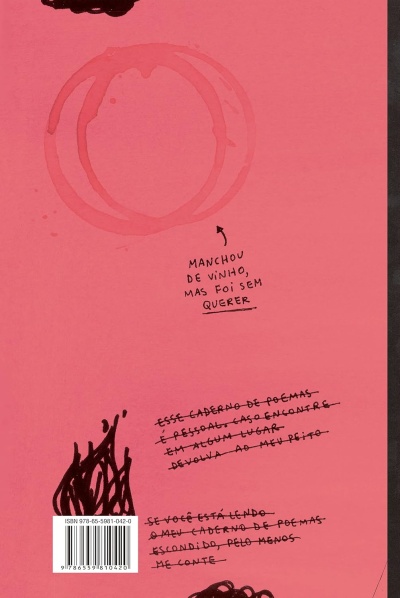 Capa rosa de caderno com texto manuscrito em português e manchas aparentes de vinho
