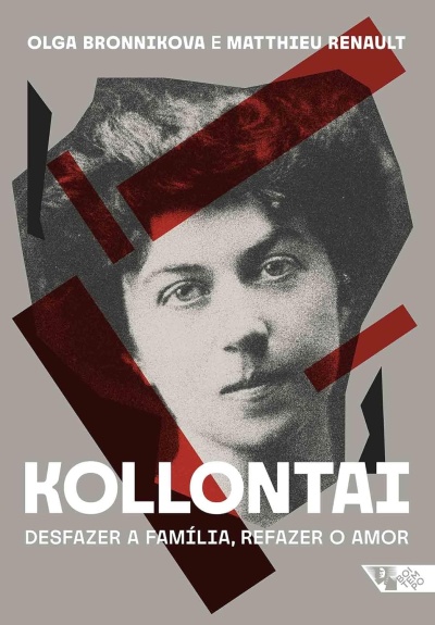 Capa de livro com retrato feminino e texto sobre fundo cinzento