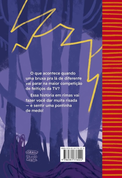 Capa traseira de livro ilustrado com árvores roxas, linhas amarelas, texto em português e código de barras.
