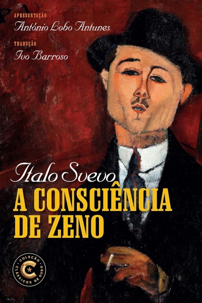 Capa de livro A Consciência de Zeno de Italo Svevo com pintura de homem de chapéu e texto em português.