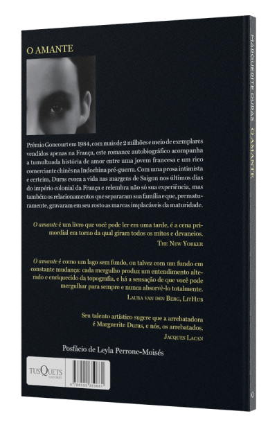 Capa traseira do livro O Amante em preto com texto descrevendo o romance e uma pequena fotografia a preto e branco