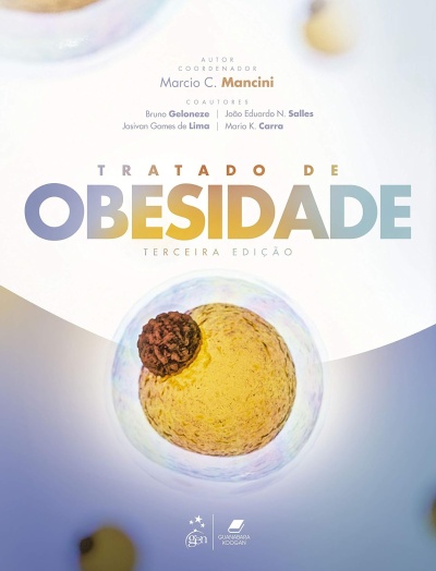 Capa de livro Tratado de Obesidade com ilustração de células e texto sobre autor e coautores