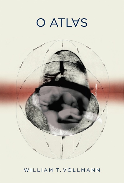 Capa de livro O ATLAS de William T. Vollmann com imagem artística e nomes de países ao redor.