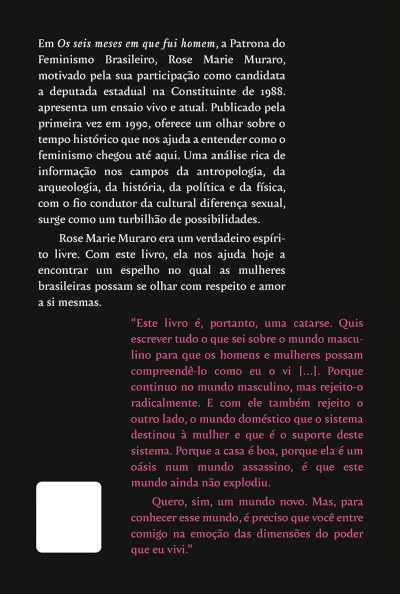 Página de livro com texto em português sobre feminismo e política em fundo preto com texto branco e rosa.