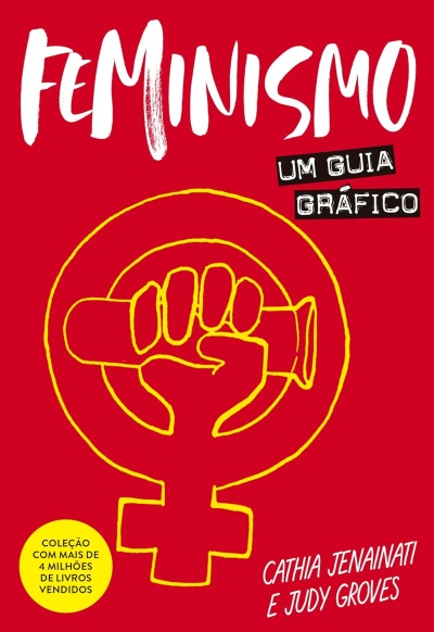 Capa de livro vermelho com símbolo feminista e texto