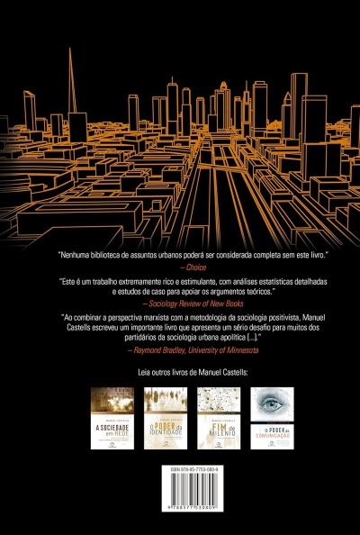 Contracapa de livro com ilustração urbana, texto de citações e imagens de outros livros