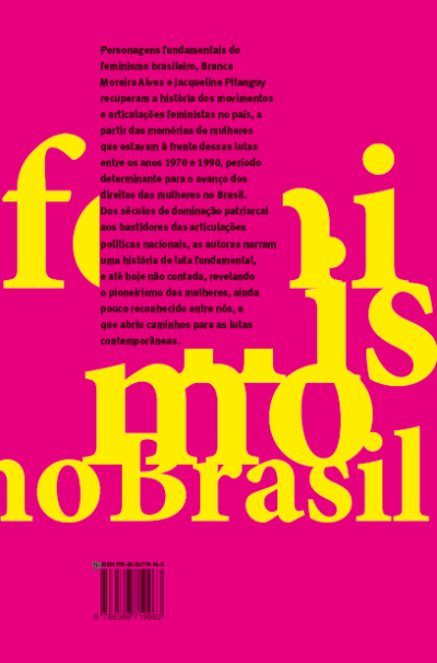 Capa de livro rosa com texto amarelo e preto sobre feminismo no Brasil