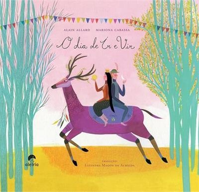 Capa de livro ilustrada com veado roxo e personagens sentados