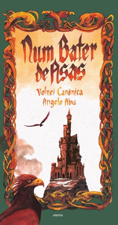 Capa de livro Num bater de Asas com falcão e castelo em moldura decorativa