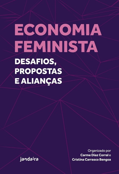 Capa de livro com texto Economia Feminista desafios propostas e alianças sobre fundo roxo