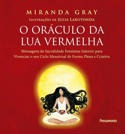 Capa de livro com fundo vermelho e ilustração de mulher meditando com lua amarela ao fundo