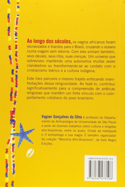 Parte de trás de um livro amarelo com texto explicativo em português e ilustrações de colares coloridos e estrela do mar.